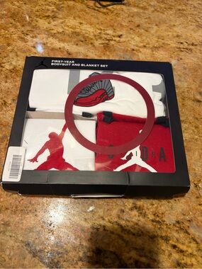 Air jordan 1st year baby mile stone blanket with two onesies 0-6m and 6-12m nwt